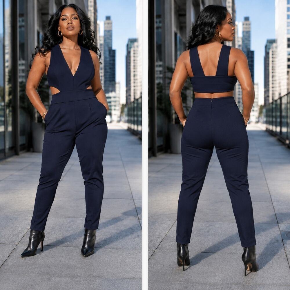 Fraiche by J Navy Cutout Jumpsuit Size L NWT Stretch Tapered Leg Pockets